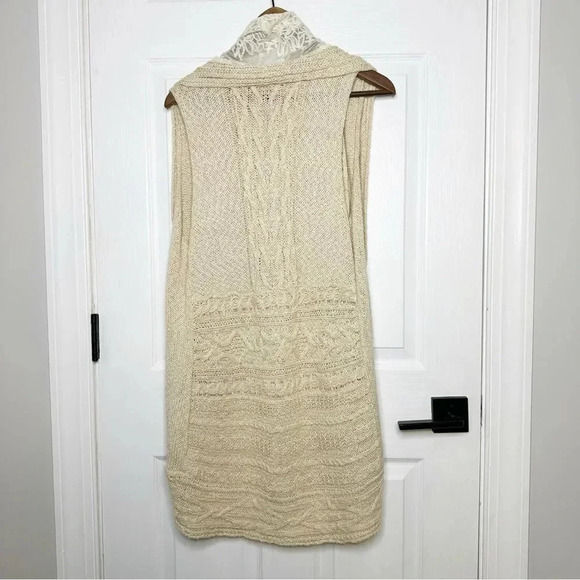 KNITTED & KNOTTED Anthropologie Beige Tan Open Cardigan White Lace Trim Long M/L - Picture 8 of 8